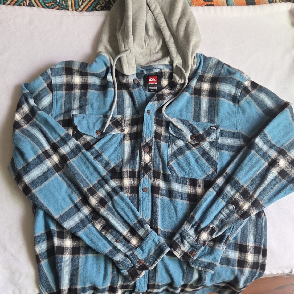 Blue and Gray Plaid Hooded Shirt